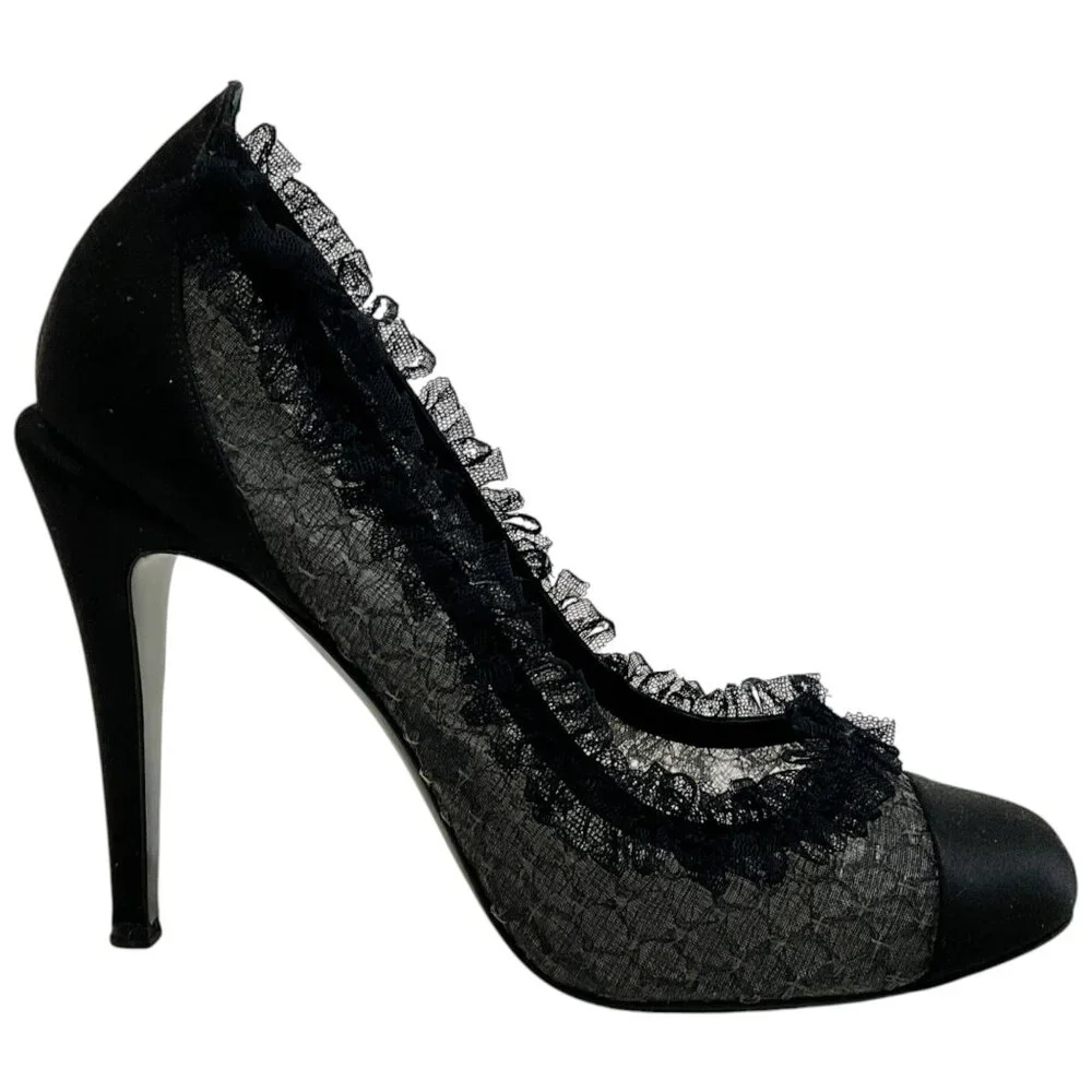 Chanel Black Lace Ruffle Pumps